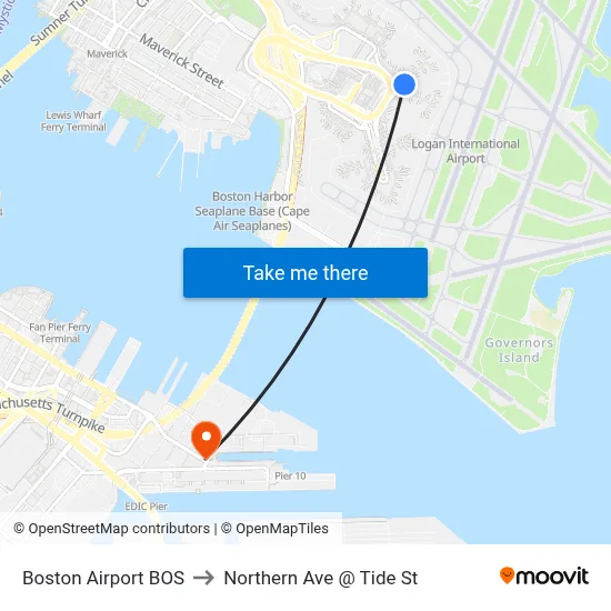 Boston Airport BOS to Northern Ave @ Tide St map