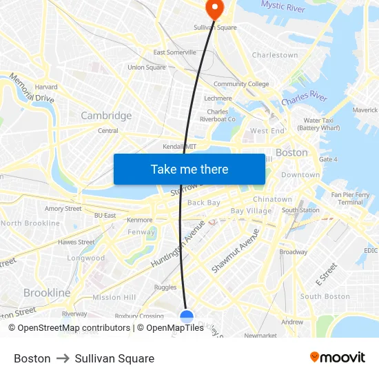 Boston to Sullivan Square map