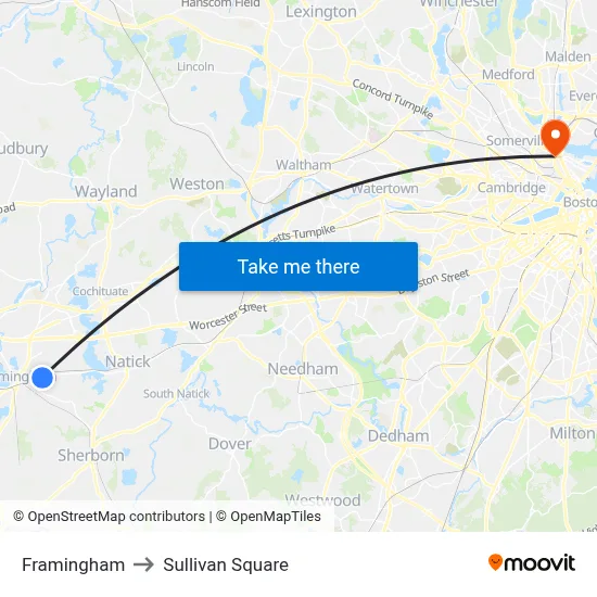 Framingham to Sullivan Square map