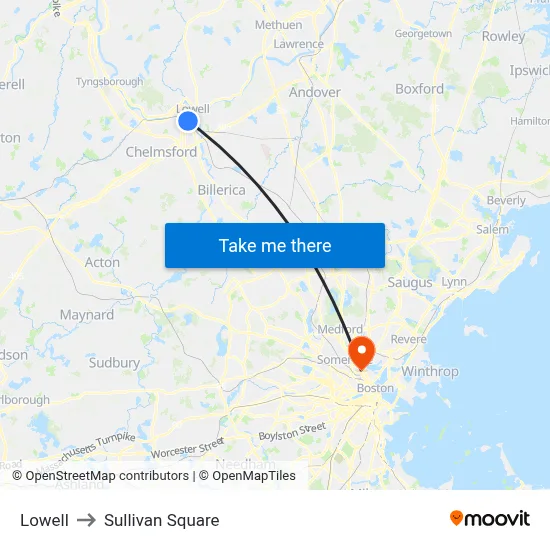 Lowell to Sullivan Square map