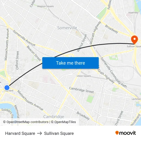 Harvard Square to Sullivan Square map