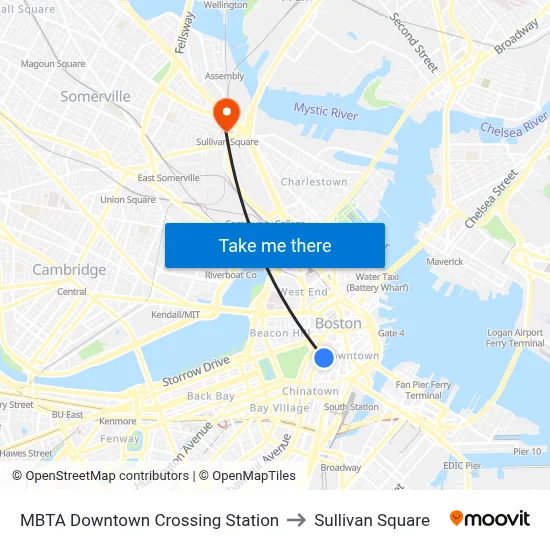 MBTA Downtown Crossing Station to Sullivan Square map