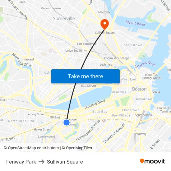 Fenway Park to Sullivan Square map