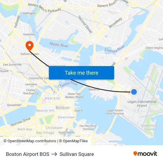 Boston Airport BOS to Sullivan Square map