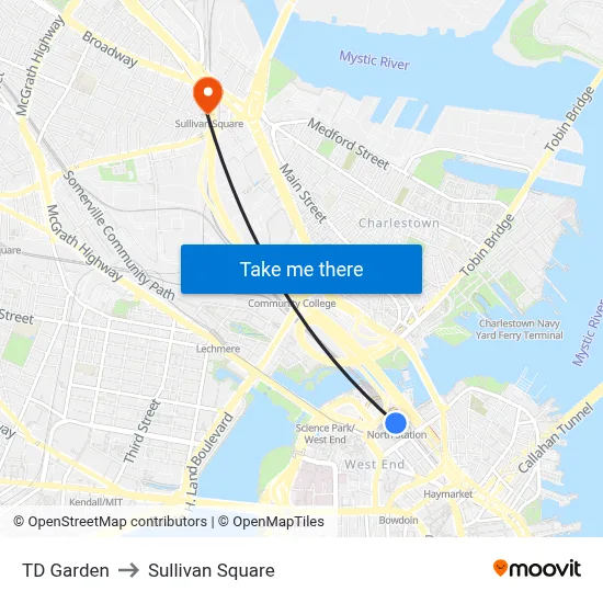 TD Garden to Sullivan Square map