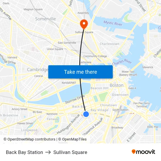 Back Bay Station to Sullivan Square map