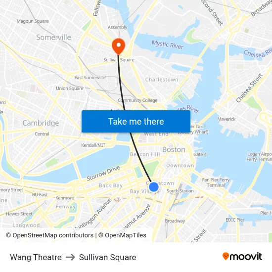 Wang Theatre to Sullivan Square map