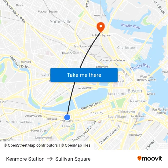 Kenmore Station to Sullivan Square map