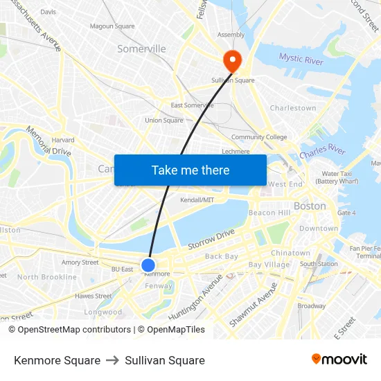 Kenmore Square to Sullivan Square map