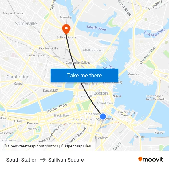 South Station to Sullivan Square map