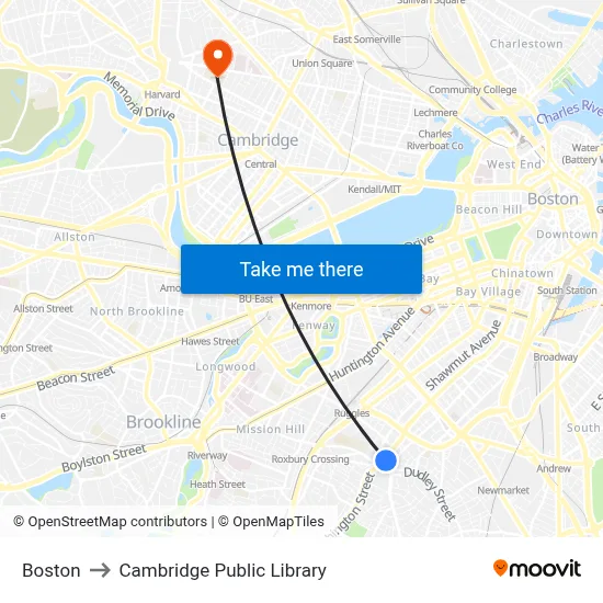 Boston to Cambridge Public Library map