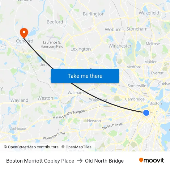 Boston Marriott Copley Place to Old North Bridge map