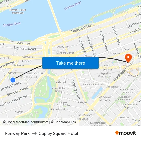 Fenway Park to Copley Square Hotel map