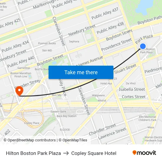 Hilton Boston Park Plaza to Copley Square Hotel map