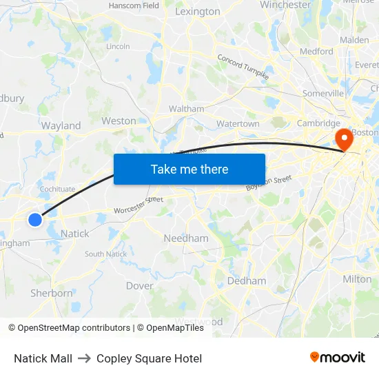 Natick Mall to Copley Square Hotel map