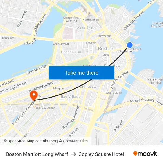 Boston Marriott Long Wharf to Copley Square Hotel map