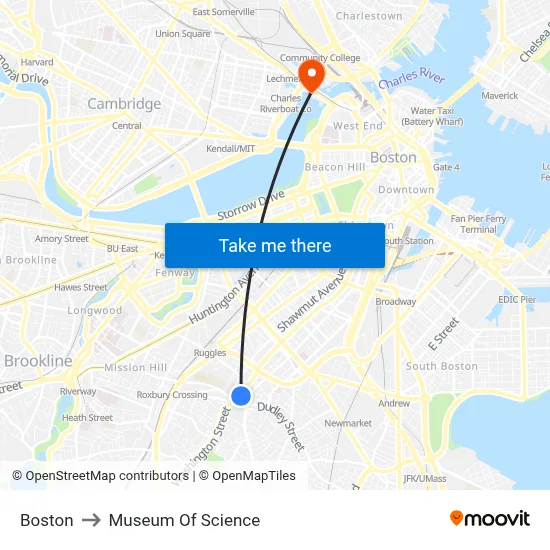 Boston to Museum Of Science map