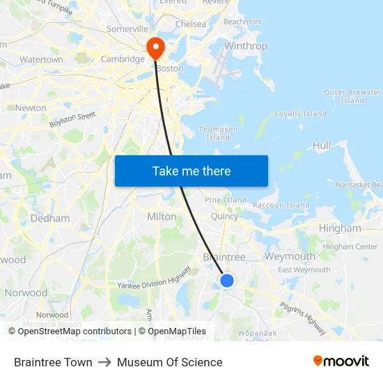 Braintree Town to Museum Of Science map