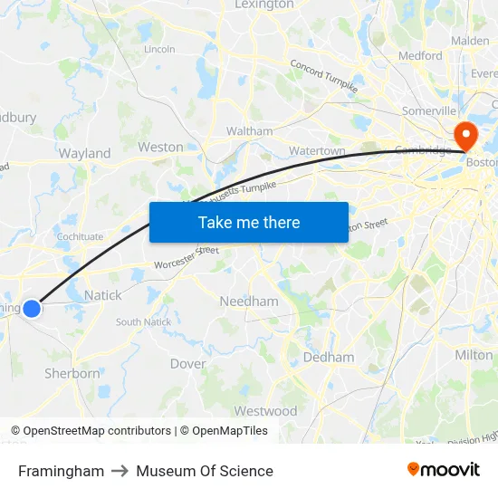 Framingham to Museum Of Science map