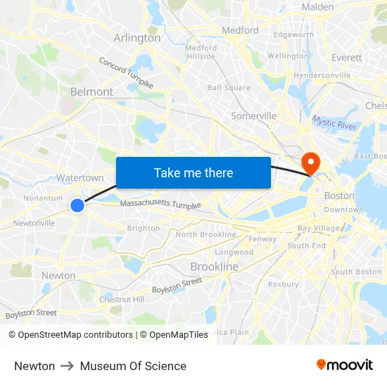 Newton to Museum Of Science map