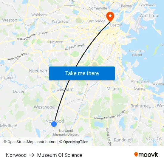 Norwood to Museum Of Science map