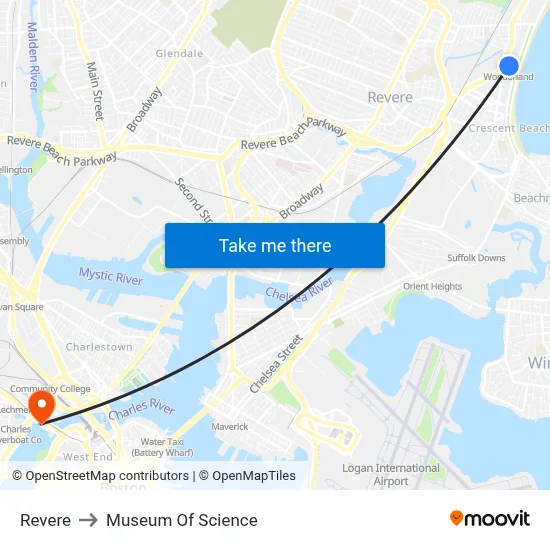 Revere to Museum Of Science map