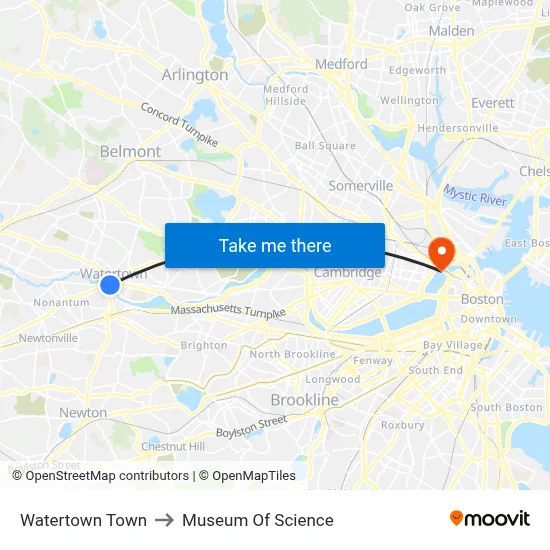 Watertown Town to Museum Of Science map