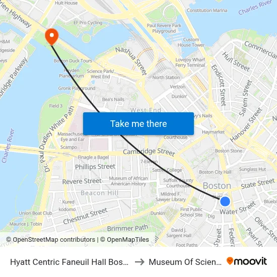 Hyatt Centric Faneuil Hall Boston to Museum Of Science map