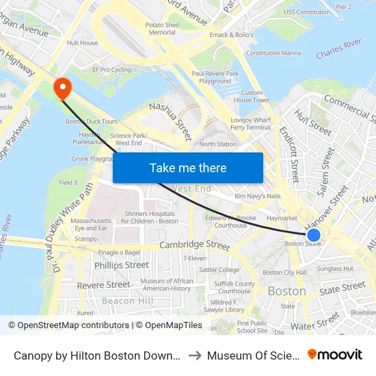 Canopy by Hilton Boston Downtown to Museum Of Science map