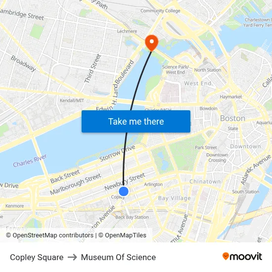 Copley Square to Museum Of Science map