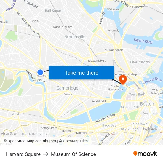 Harvard Square to Museum Of Science map