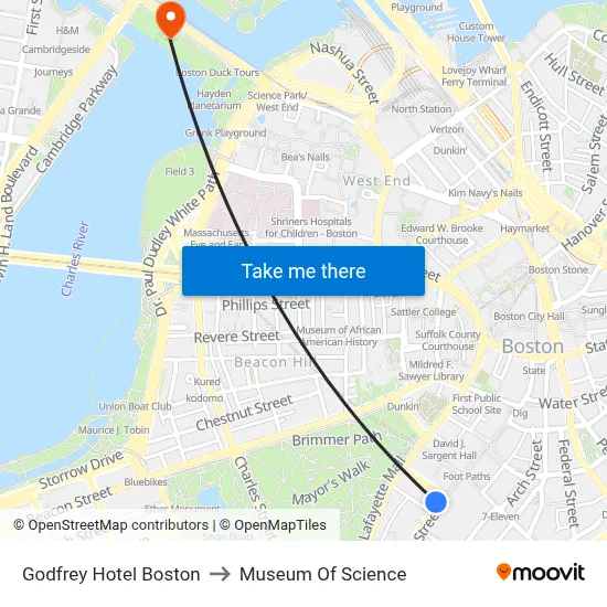 Godfrey Hotel Boston to Museum Of Science map