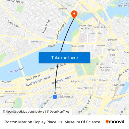 Boston Marriott Copley Place to Museum Of Science map