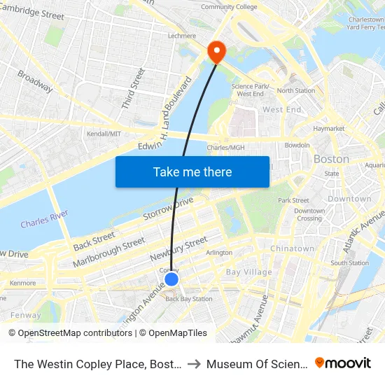 The Westin Copley Place, Boston to Museum Of Science map