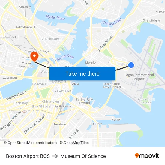Boston Airport BOS to Museum Of Science map