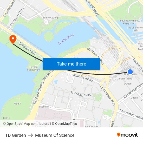 TD Garden to Museum Of Science map