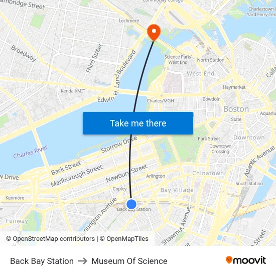 Back Bay Station to Museum Of Science map