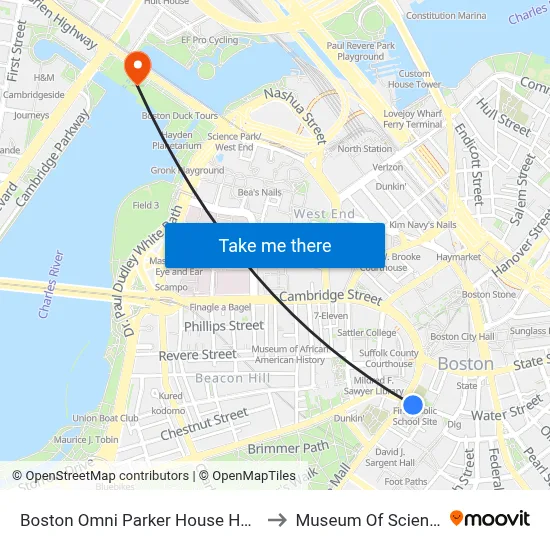 Boston Omni Parker House Hotel to Museum Of Science map