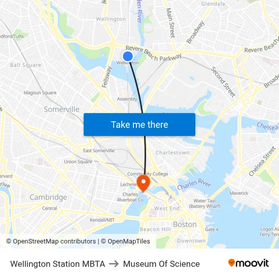 Wellington Station MBTA to Museum Of Science map