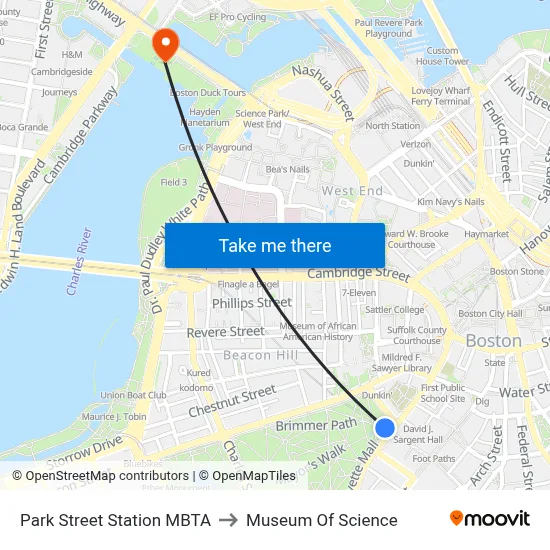 Park Street Station MBTA to Museum Of Science map