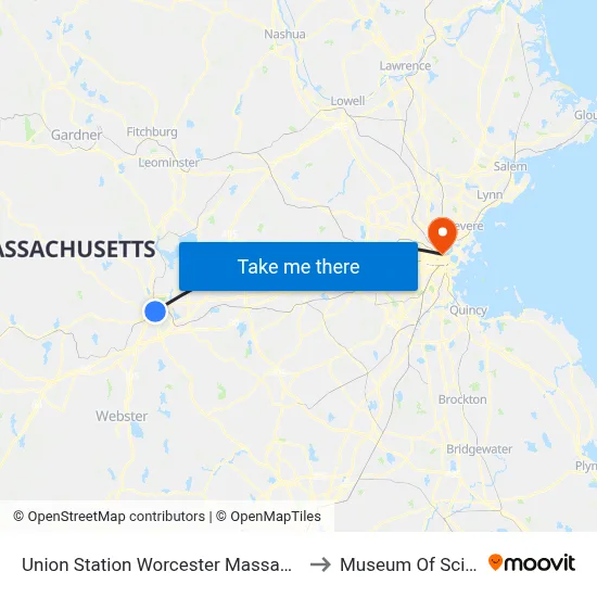 Union Station Worcester Massachusetts to Museum Of Science map