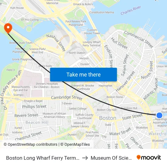 Boston Long Wharf Ferry Terminal to Museum Of Science map