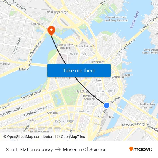 South Station subway to Museum Of Science map