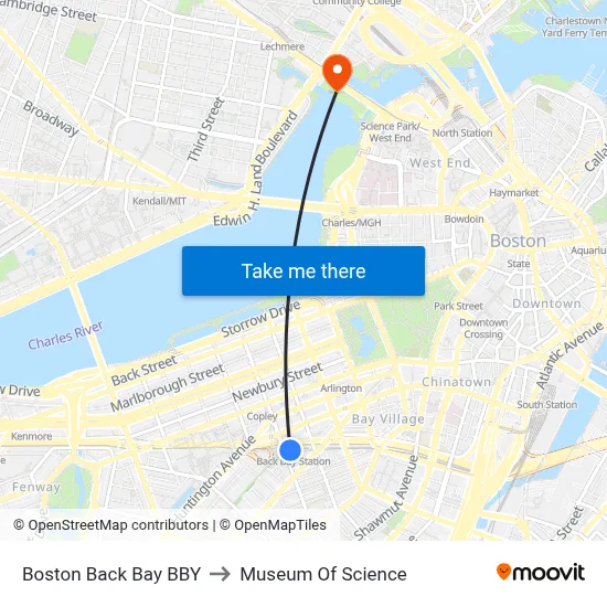 Boston Back Bay BBY to Museum Of Science map
