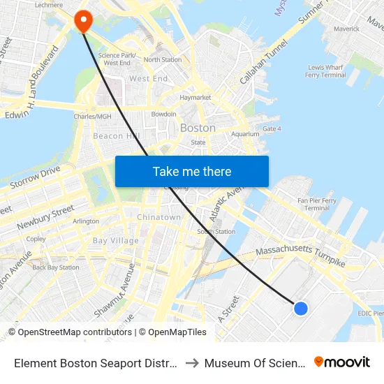 Element Boston Seaport District to Museum Of Science map