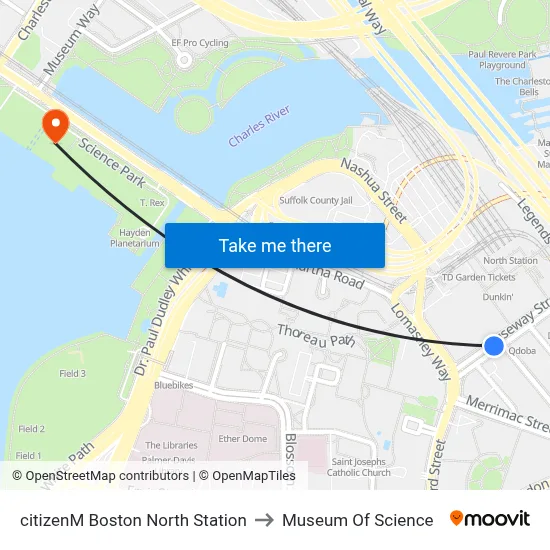 citizenM Boston North Station to Museum Of Science map