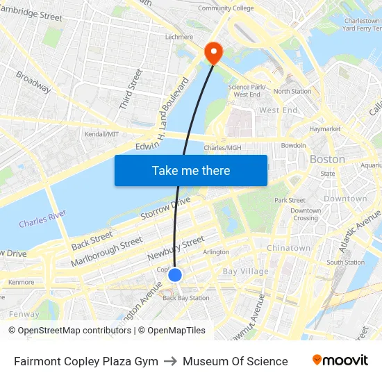 Fairmont Copley Plaza Gym to Museum Of Science map
