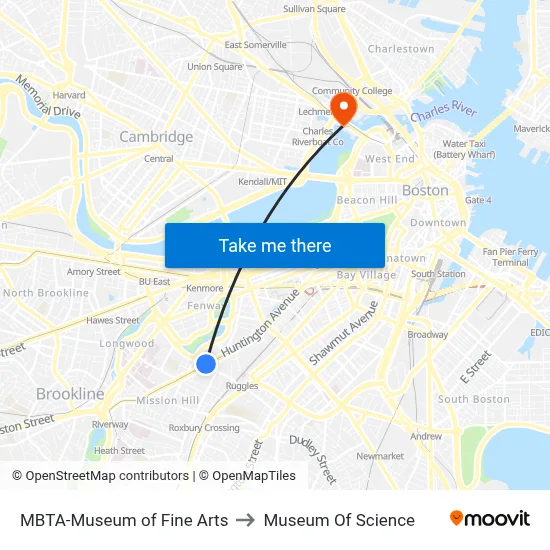 MBTA-Museum of Fine Arts to Museum Of Science map