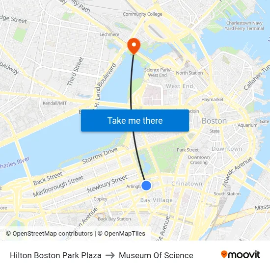 Hilton Boston Park Plaza to Museum Of Science map