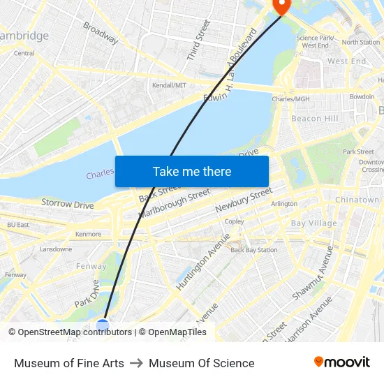 Museum of Fine Arts to Museum Of Science map
